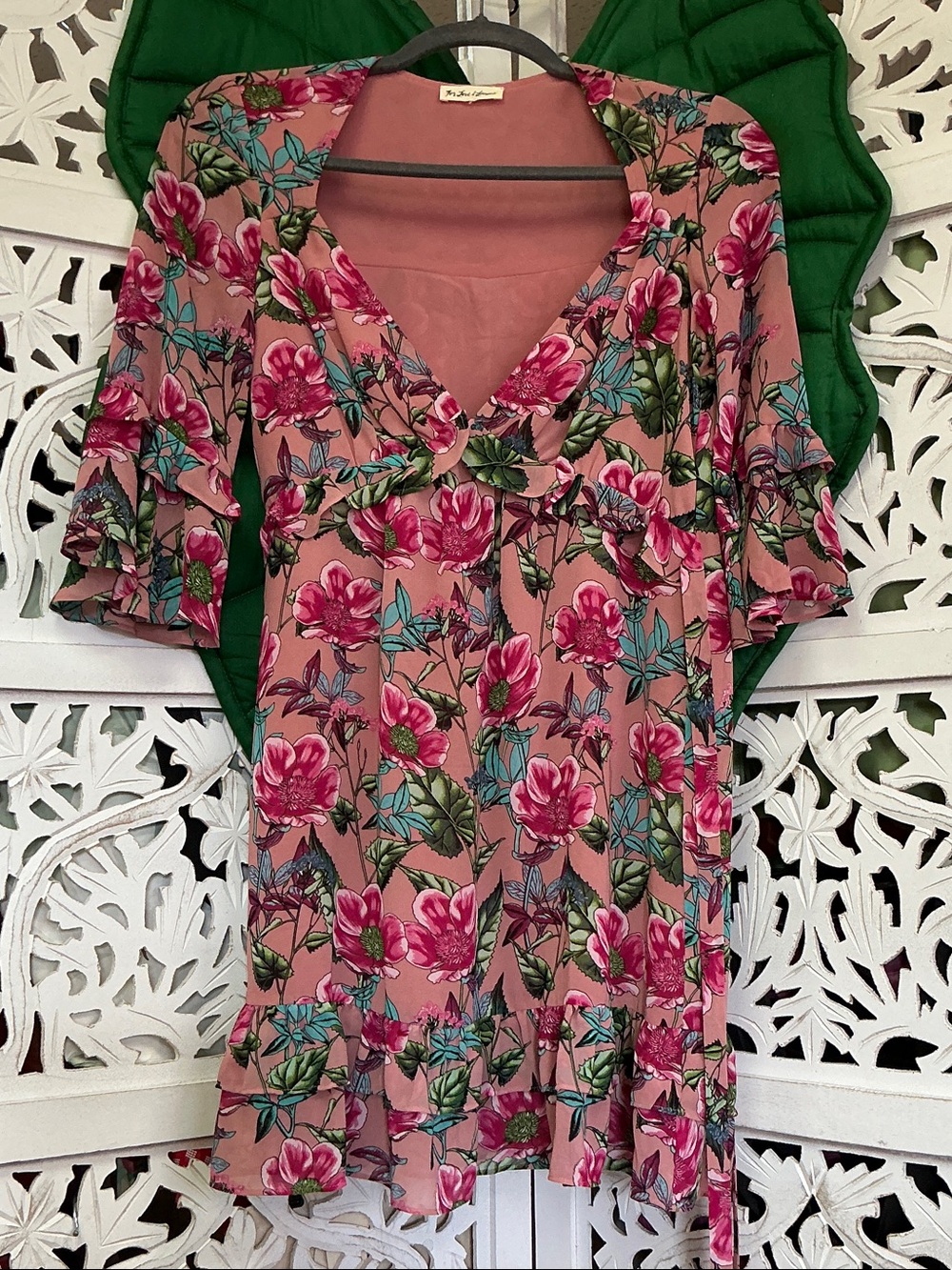 For love and lemons sheer mauve floral ruffle 3/4 sleeve mini dress. Ruffle hem.